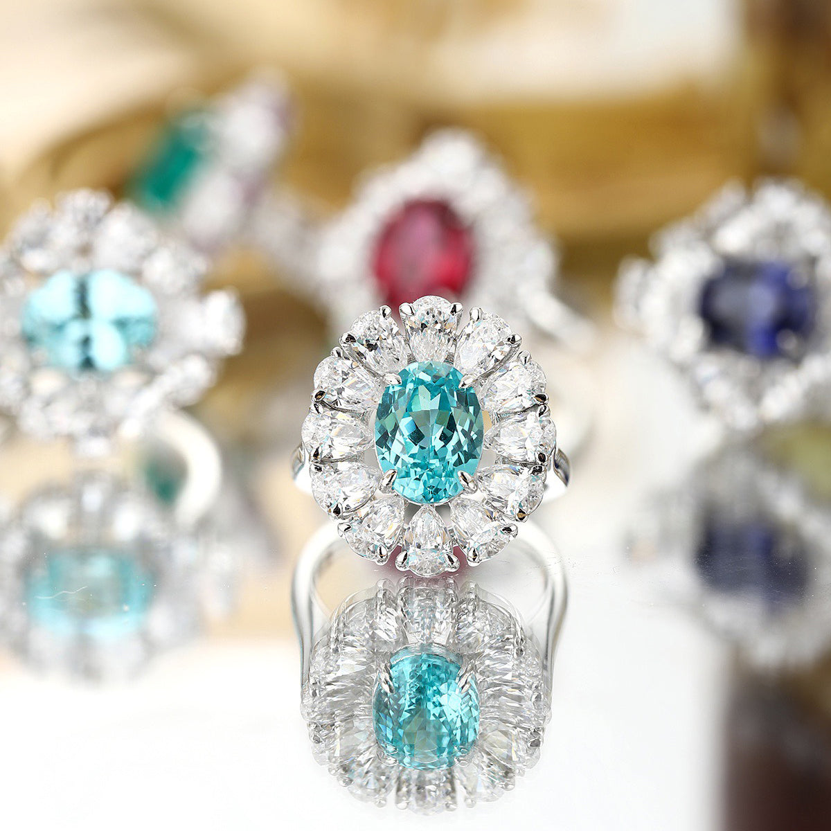 s925 sterling silver lab paraiba/ruby/sapphire/emerald & cz diamond ring