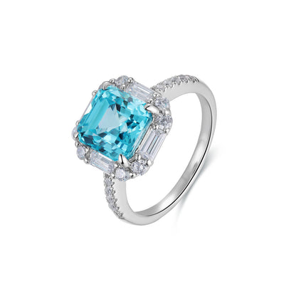 Neon Blue Paraiba Tourmaline Ring,Asscher Cut Halo Engagement Ring,Baguette CZ Accent Ring,S925 Sterling Silver Engagement Ring,Gift for Her