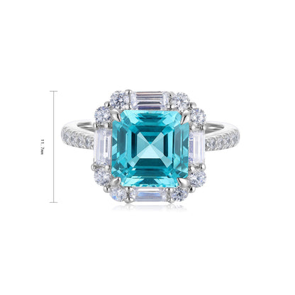 Neon Blue Paraiba Tourmaline Ring,Asscher Cut Halo Engagement Ring,Baguette CZ Accent Ring,S925 Sterling Silver Engagement Ring,Gift for Her