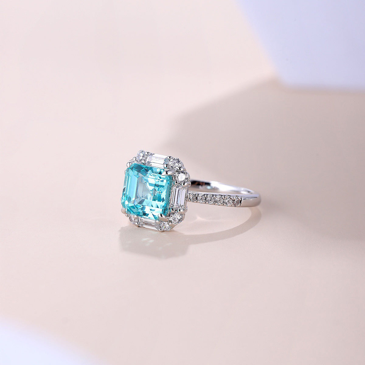 neon blue paraiba tourmaline ring,asscher cut halo engagement ring,baguette cz accent ring,s925 sterling silver engagement ring,gift for her