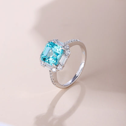 Neon Blue Paraiba Tourmaline Ring,Asscher Cut Halo Engagement Ring,Baguette CZ Accent Ring,S925 Sterling Silver Engagement Ring,Gift for Her