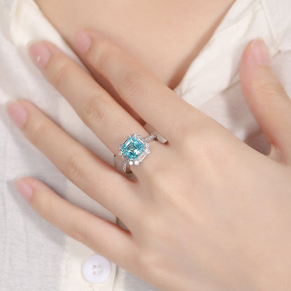 Neon Blue Paraiba Tourmaline Ring,Asscher Cut Halo Engagement Ring,Baguette CZ Accent Ring,S925 Sterling Silver Engagement Ring,Gift for Her