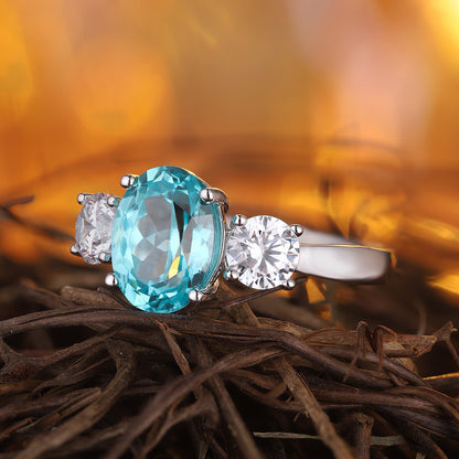 Paraiba Tourmaline Engagement Ring,Oval Neon Blue Paraiba Ring,Three Stone Gemstone Ring,Sterling Silver Promise Ring,October Birthstone