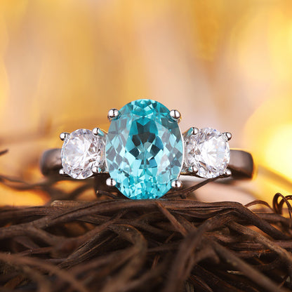 Paraiba Tourmaline Engagement Ring,Oval Neon Blue Paraiba Ring,Three Stone Gemstone Ring,Sterling Silver Promise Ring,October Birthstone