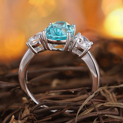 Paraiba Tourmaline Engagement Ring,Oval Neon Blue Paraiba Ring,Three Stone Gemstone Ring,Sterling Silver Promise Ring,October Birthstone