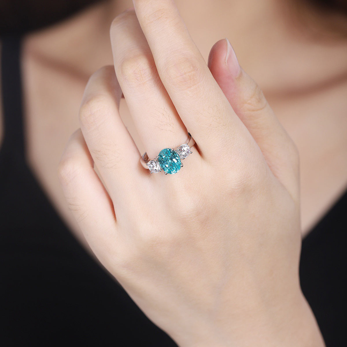 paraiba tourmaline engagement ring,oval neon blue paraiba ring,three stone gemstone ring,sterling silver promise ring,october birthstone
