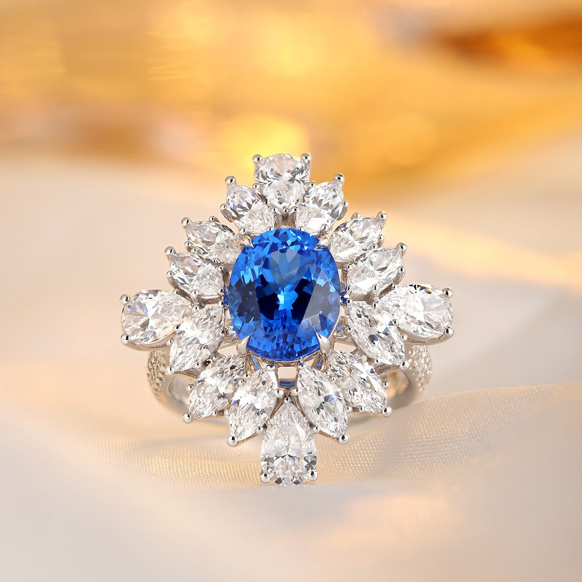 s925 sterling silver lab cobalt spinel/paraiba & cz diamond ring