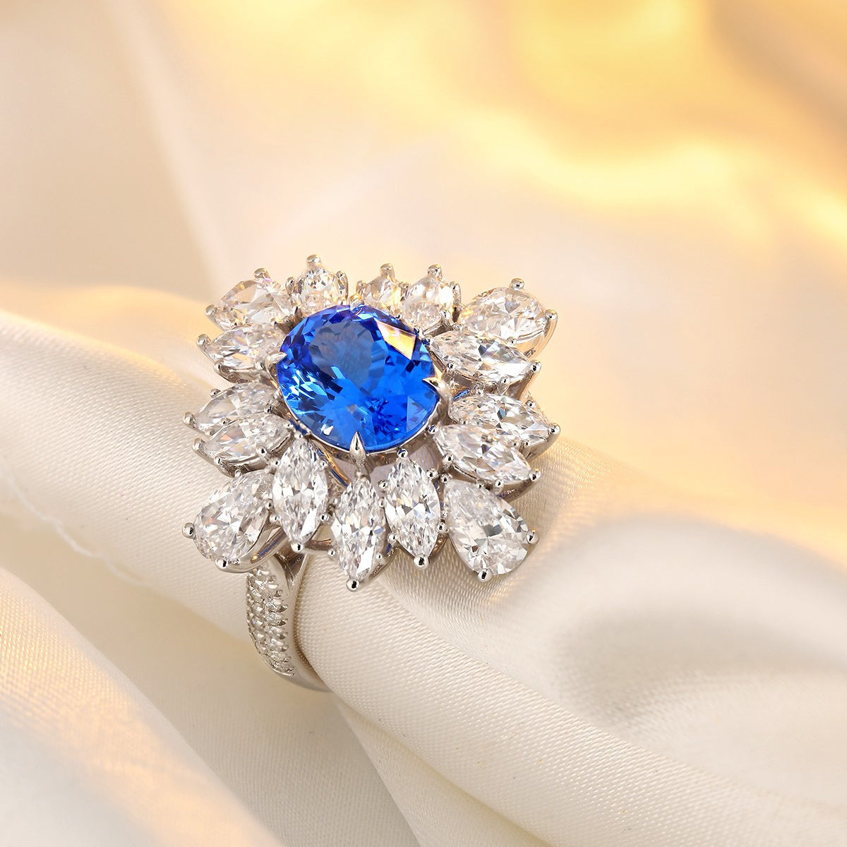s925 sterling silver lab cobalt spinel/paraiba & cz diamond ring