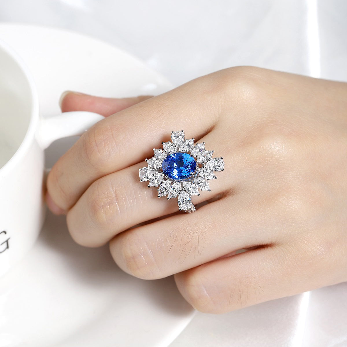 s925 sterling silver lab cobalt spinel/paraiba & cz diamond ring