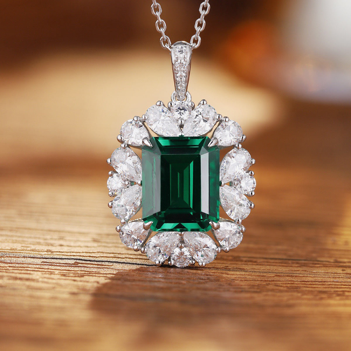 s925 sterling silver lab emerald & cz diamond necklace