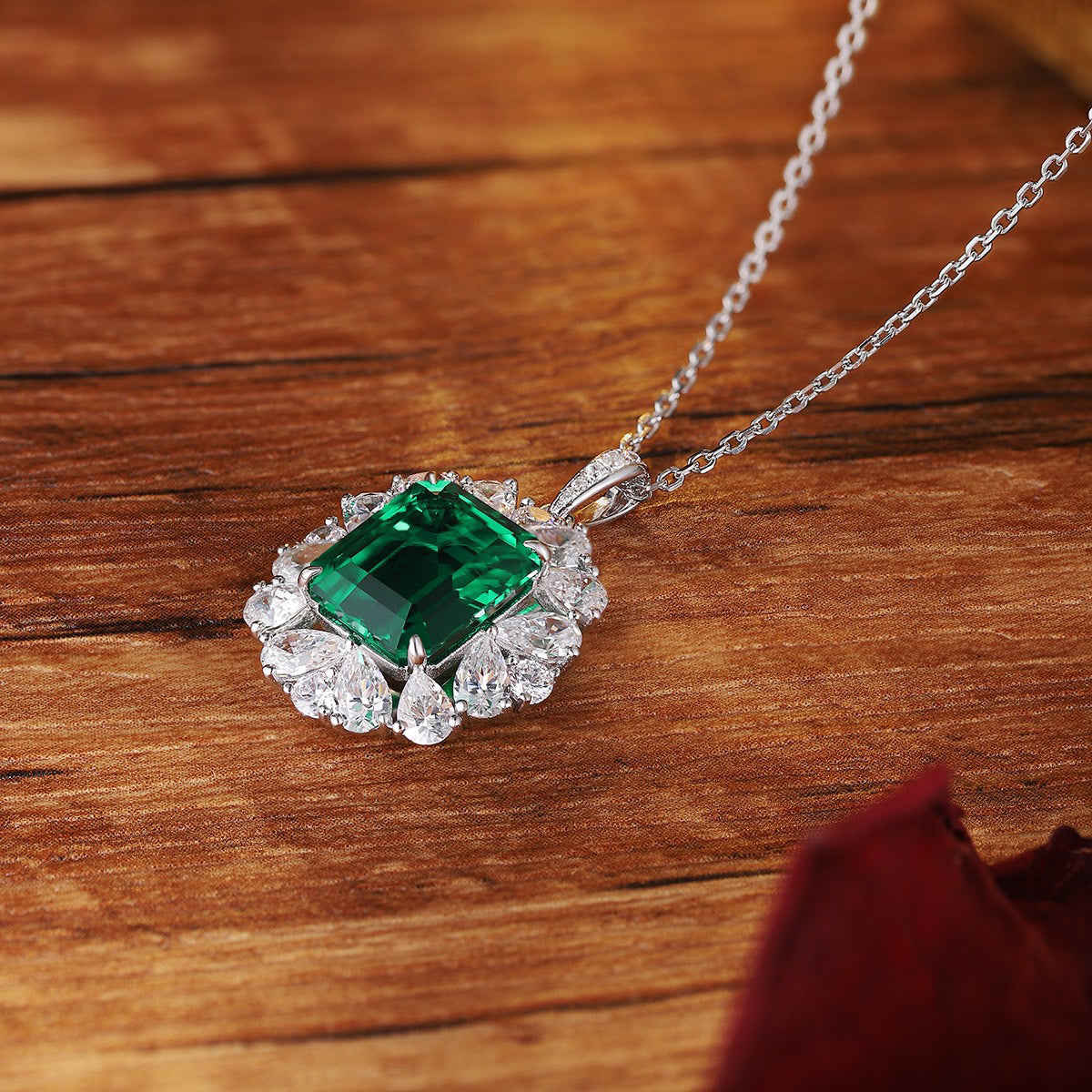 s925 sterling silver lab emerald & cz diamond necklace
