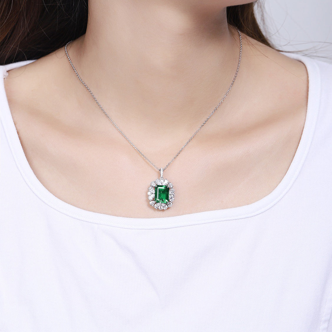 s925 sterling silver lab emerald & cz diamond necklace