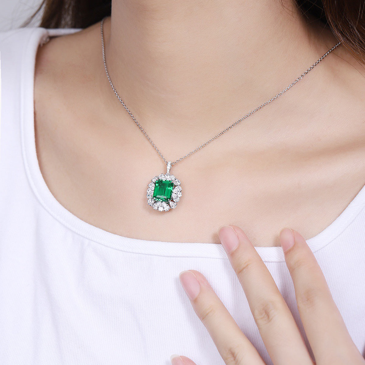 s925 sterling silver lab emerald & cz diamond necklace