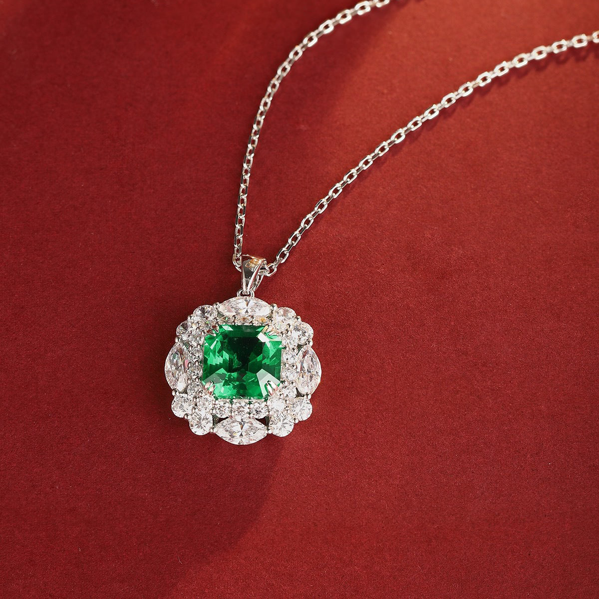 s925 sterling silver lab emerald & cz diamond necklace