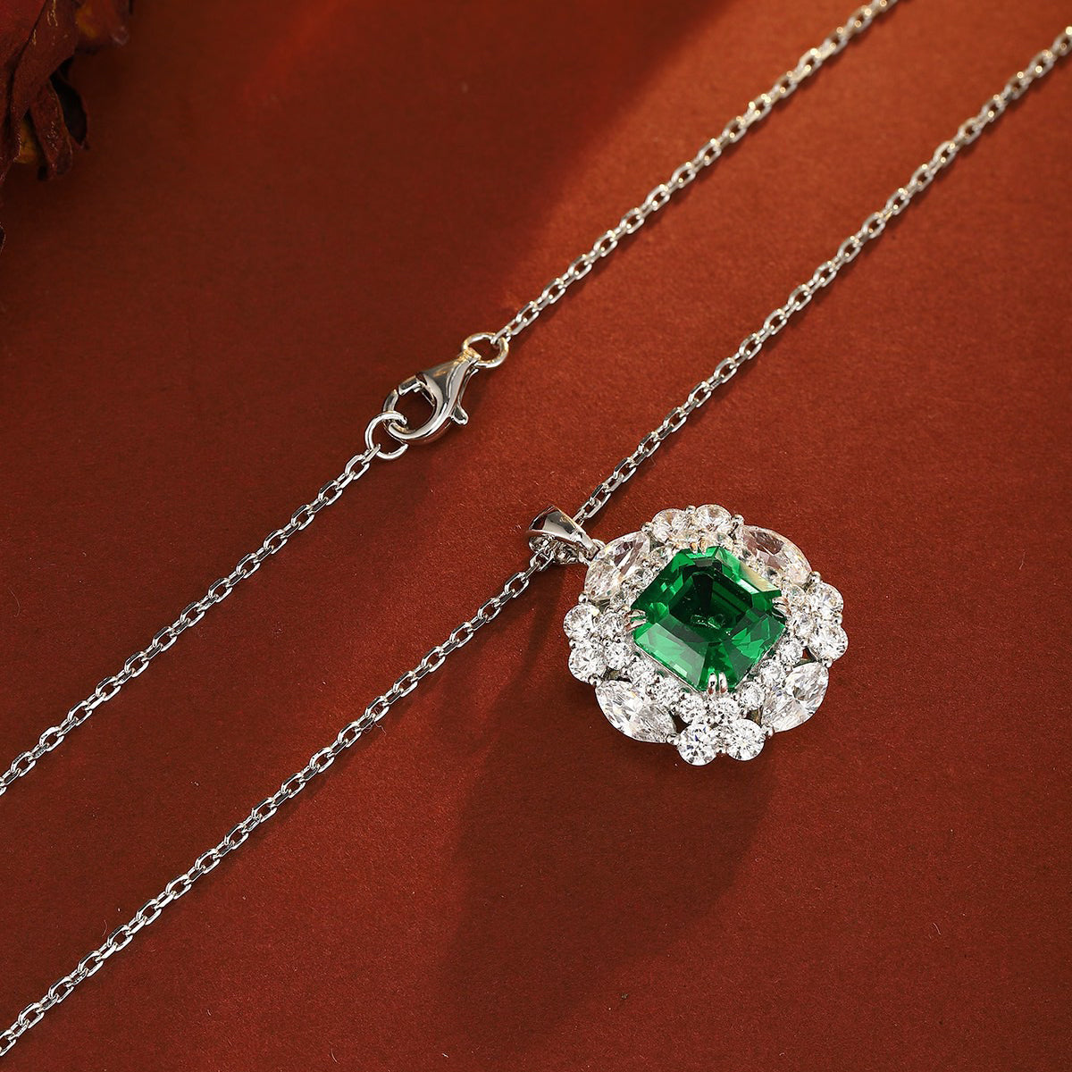 s925 sterling silver lab emerald & cz diamond necklace