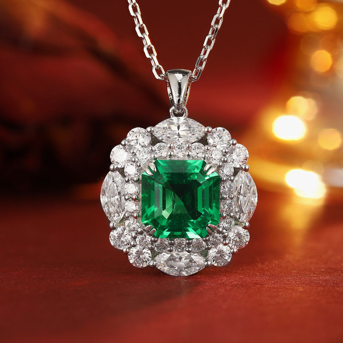 s925 sterling silver lab emerald & cz diamond necklace