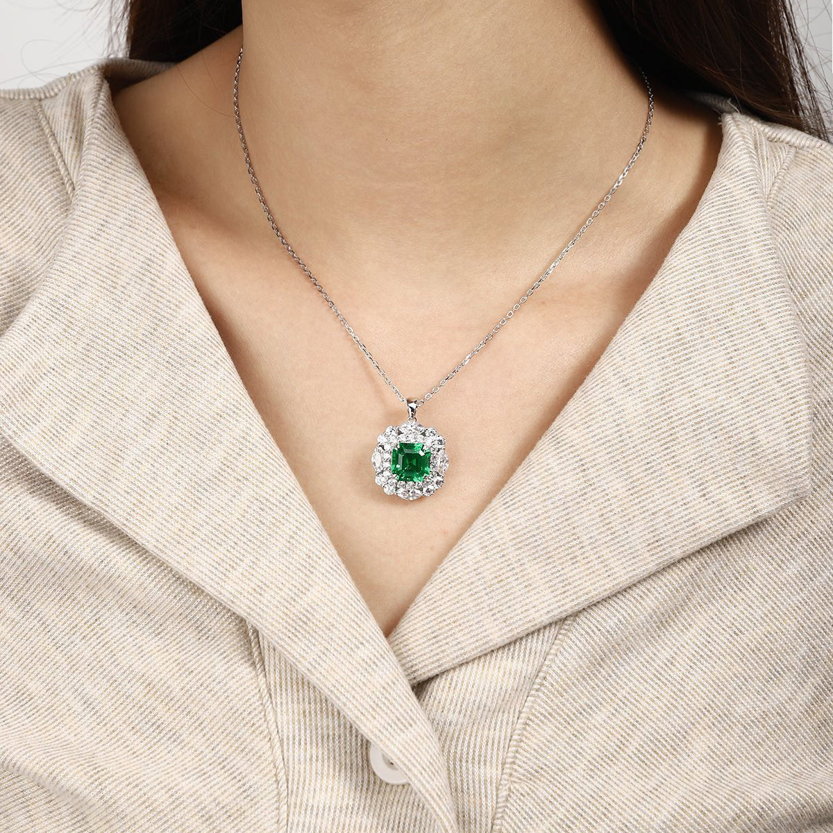 s925 sterling silver lab emerald & cz diamond necklace