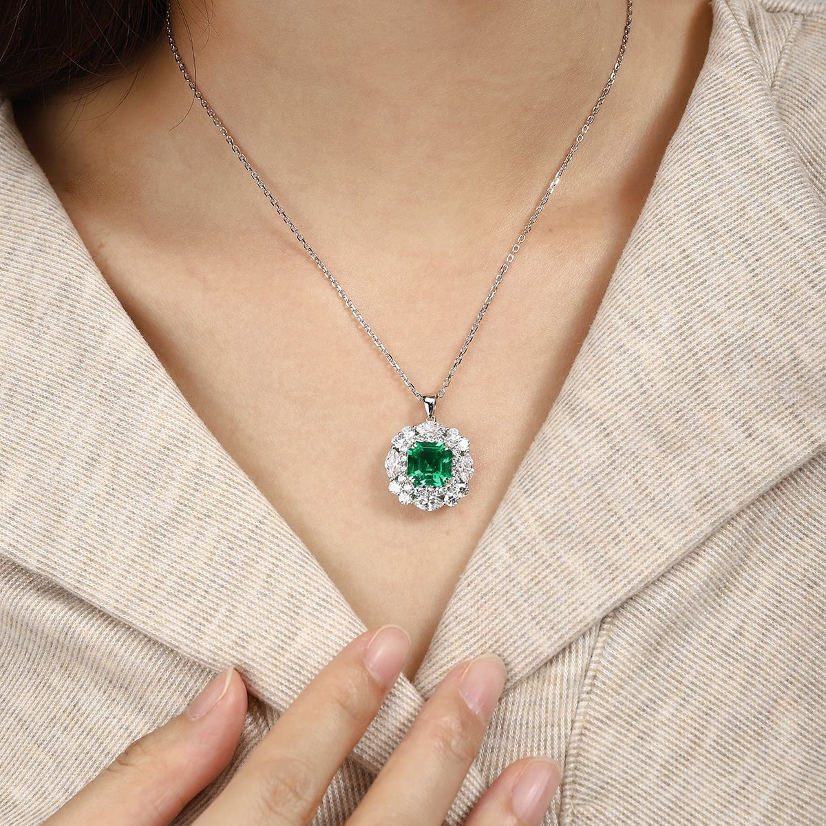 s925 sterling silver lab emerald & cz diamond necklace