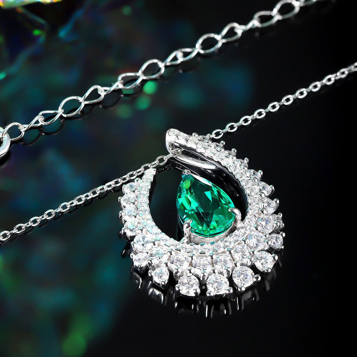 s925 sterling silver lab emerald/ruby/sapphire/paraiba & cz diamond necklace
