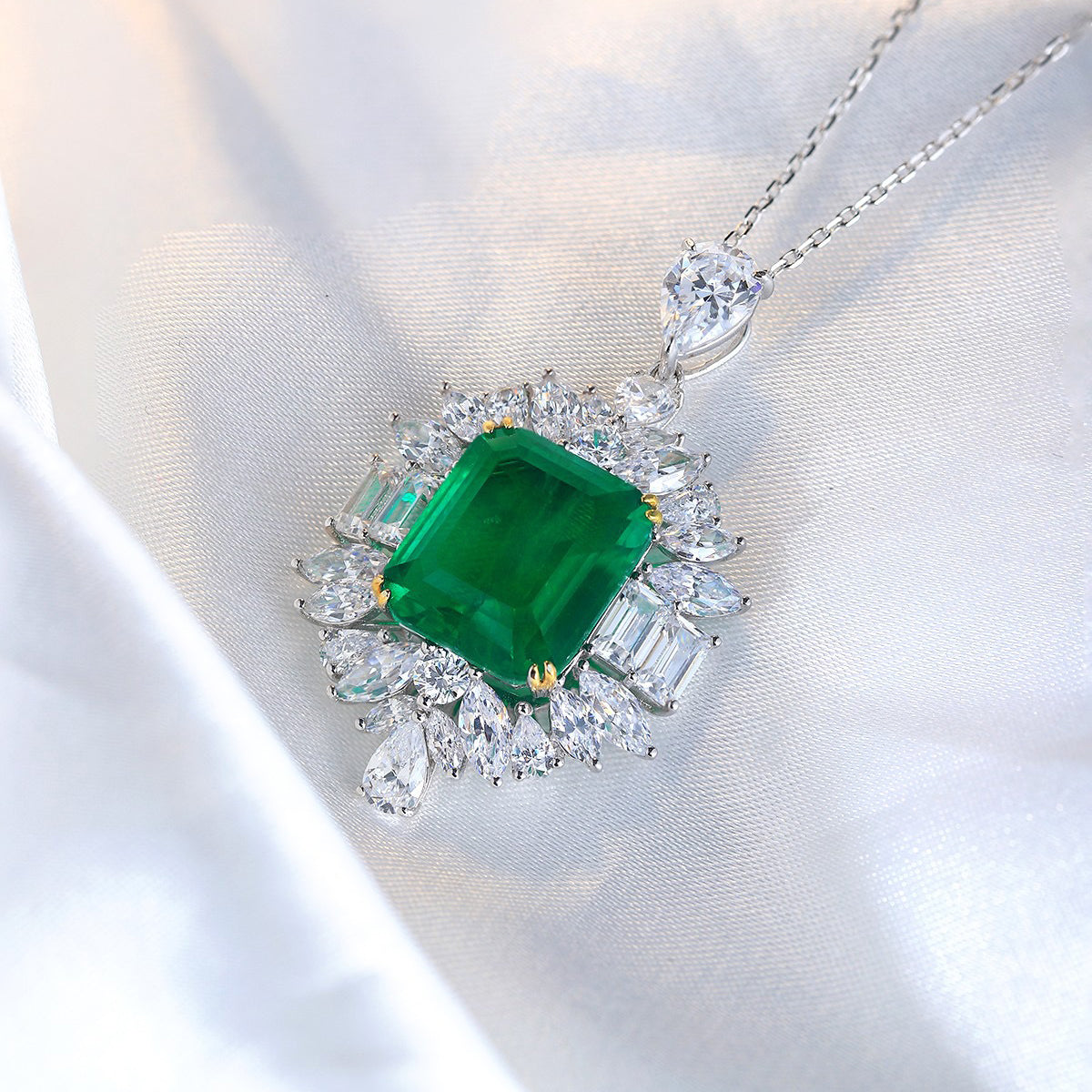 s925 sterling silver lab emerald & cz diamond necklace