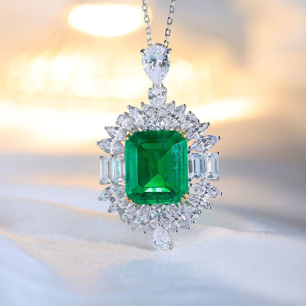 s925 sterling silver lab emerald & cz diamond necklace