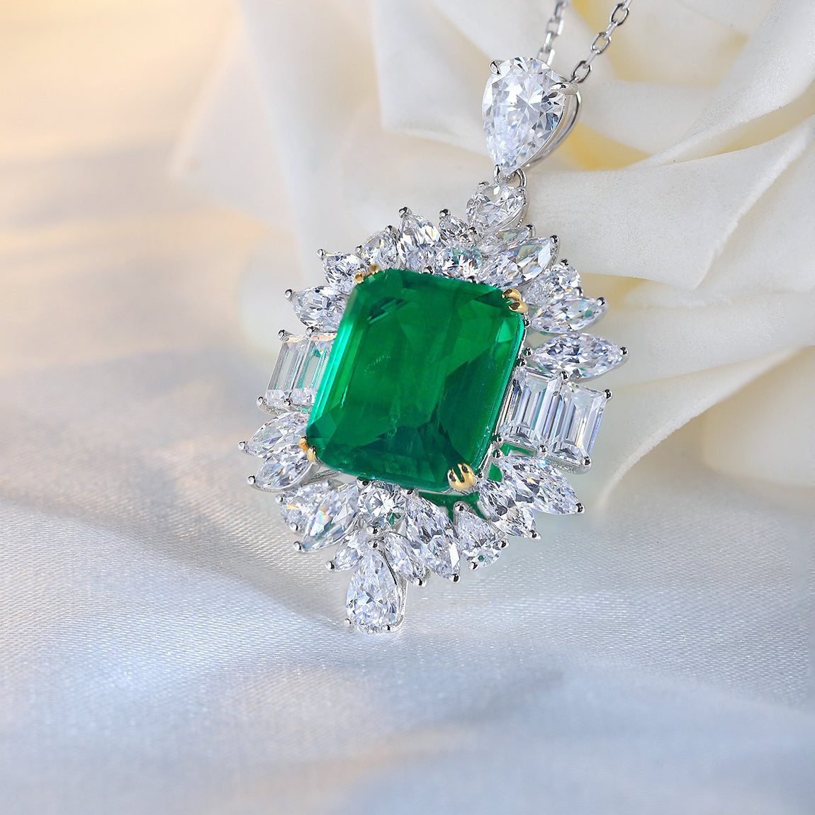 s925 sterling silver lab emerald & cz diamond necklace