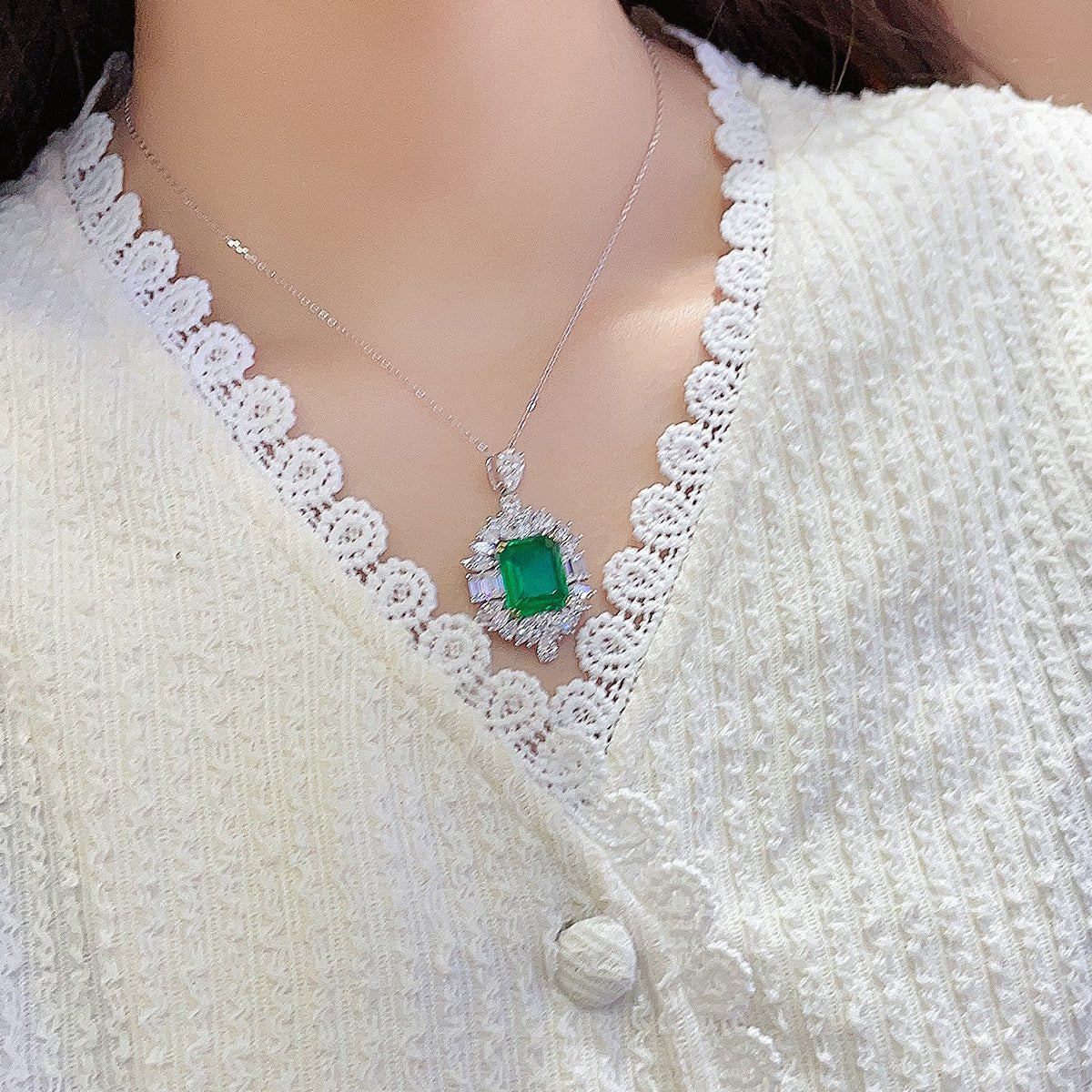 s925 sterling silver lab emerald & cz diamond necklace