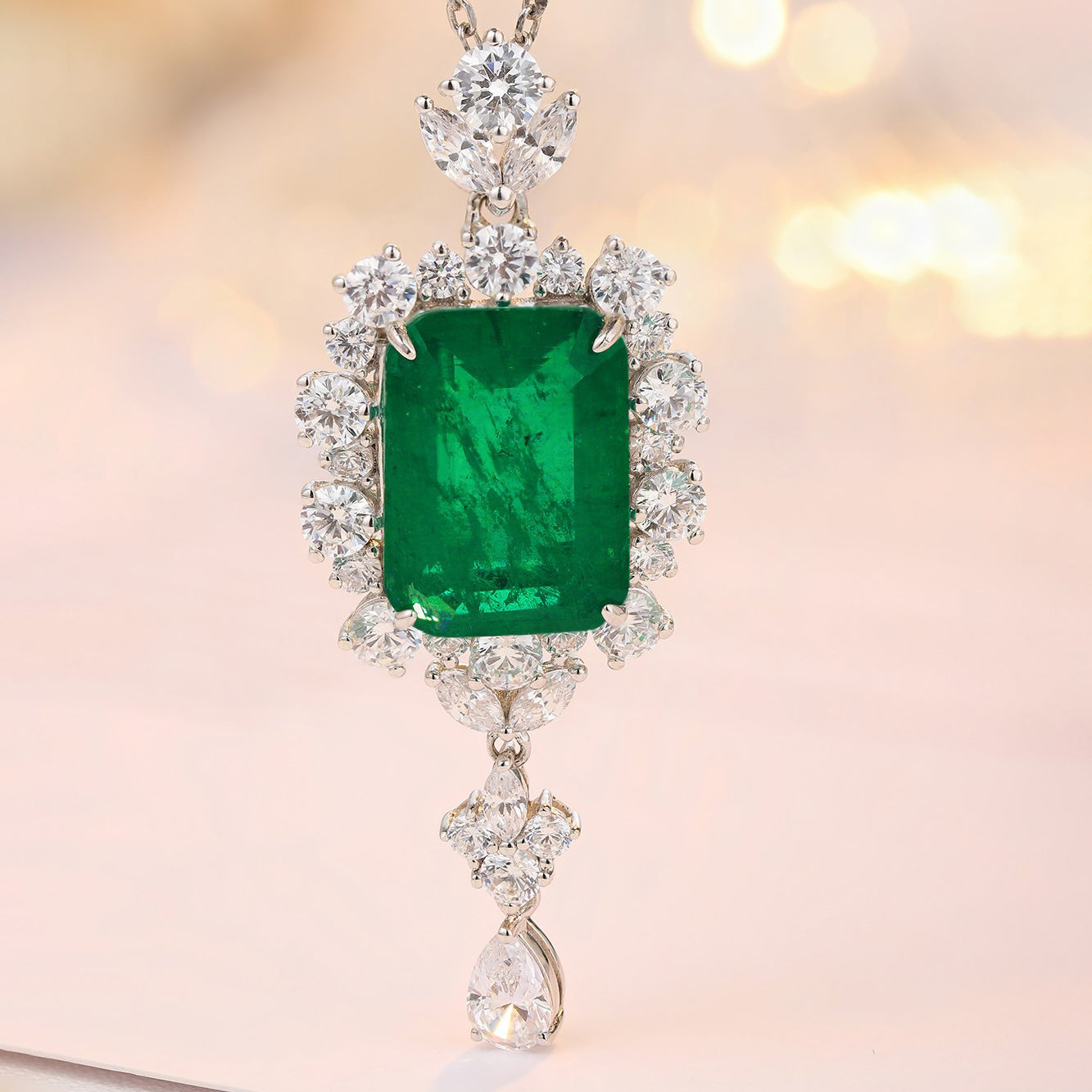 s925 sterling silver lab emerald & cz diamond necklace