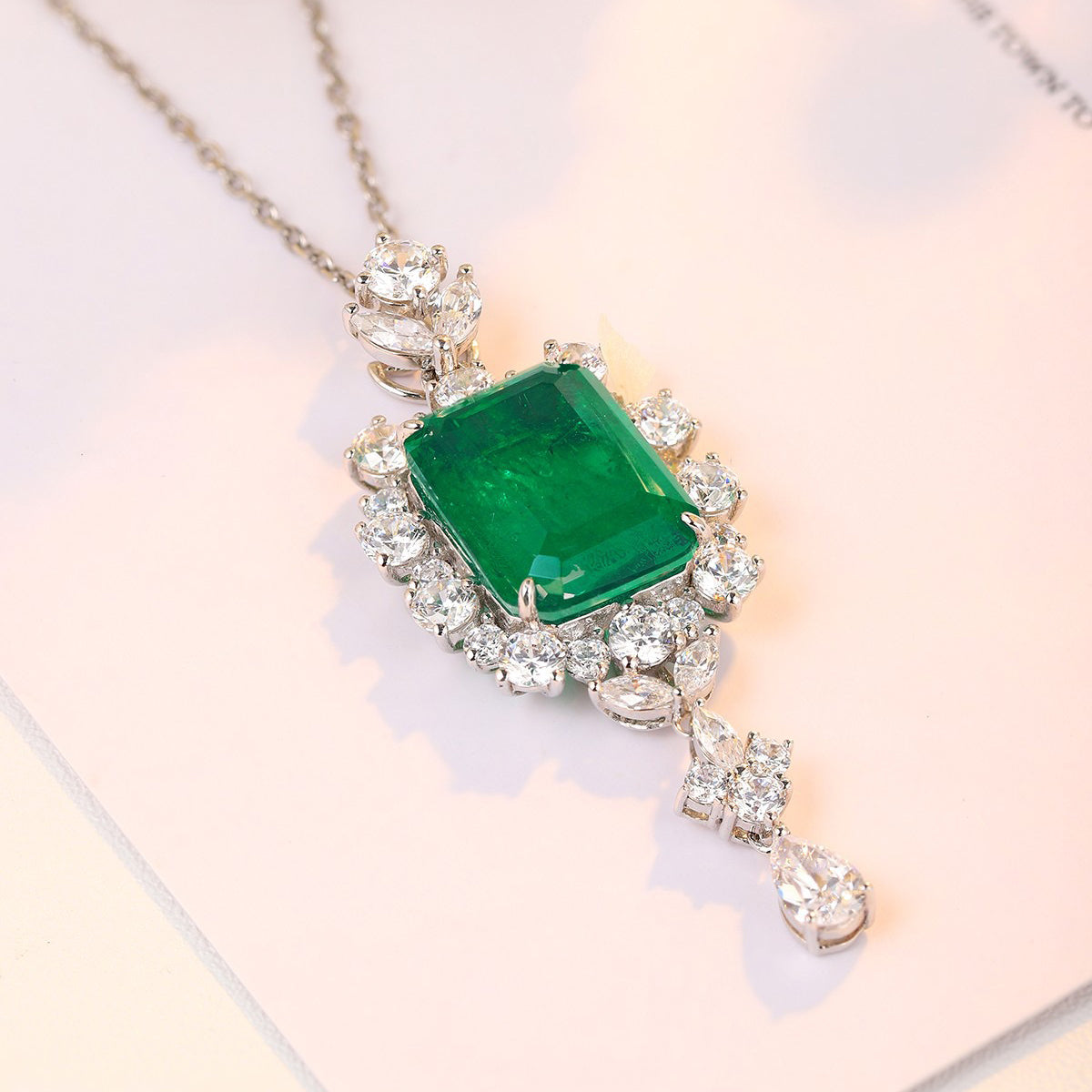 s925 sterling silver lab emerald & cz diamond necklace