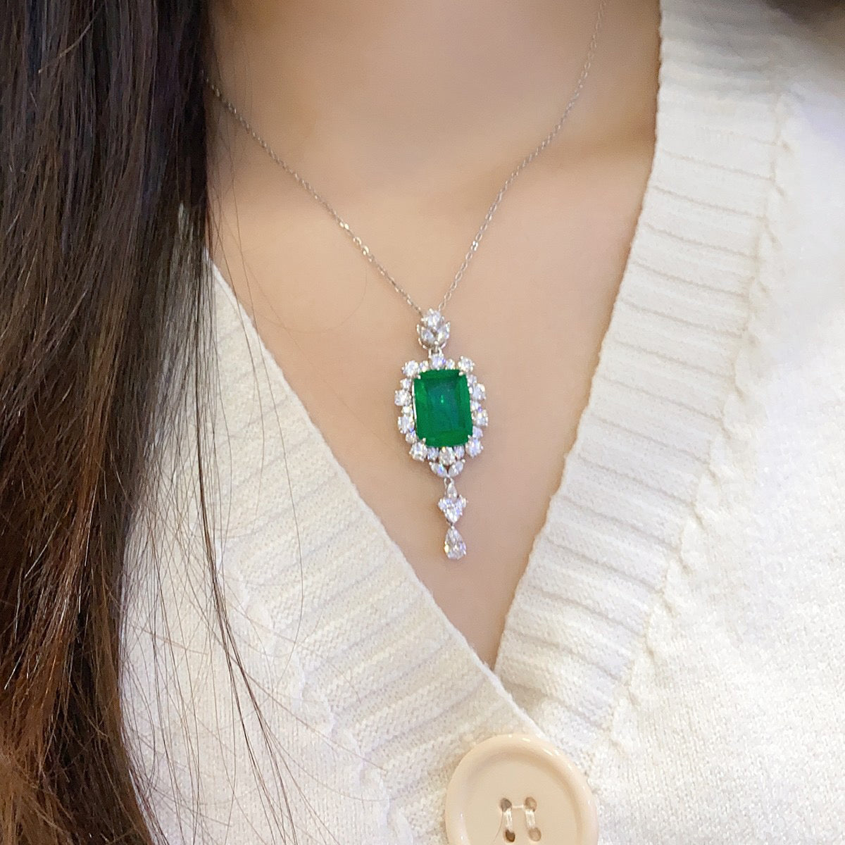 s925 sterling silver lab emerald & cz diamond necklace