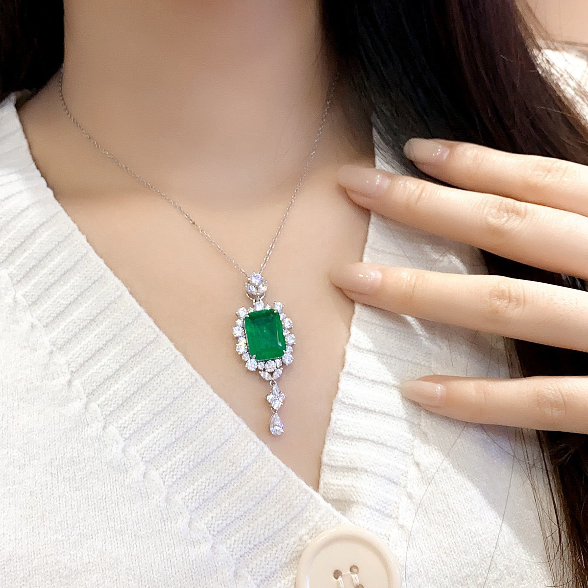 s925 sterling silver lab emerald & cz diamond necklace