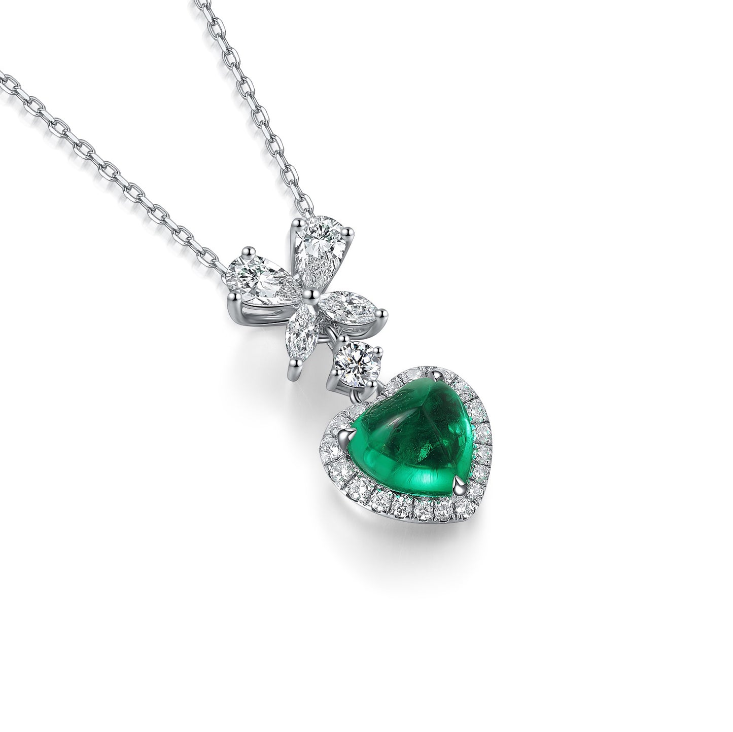 green emerald heart shaped pendant necklace in s925 sterling silver ,18k white gold plated
