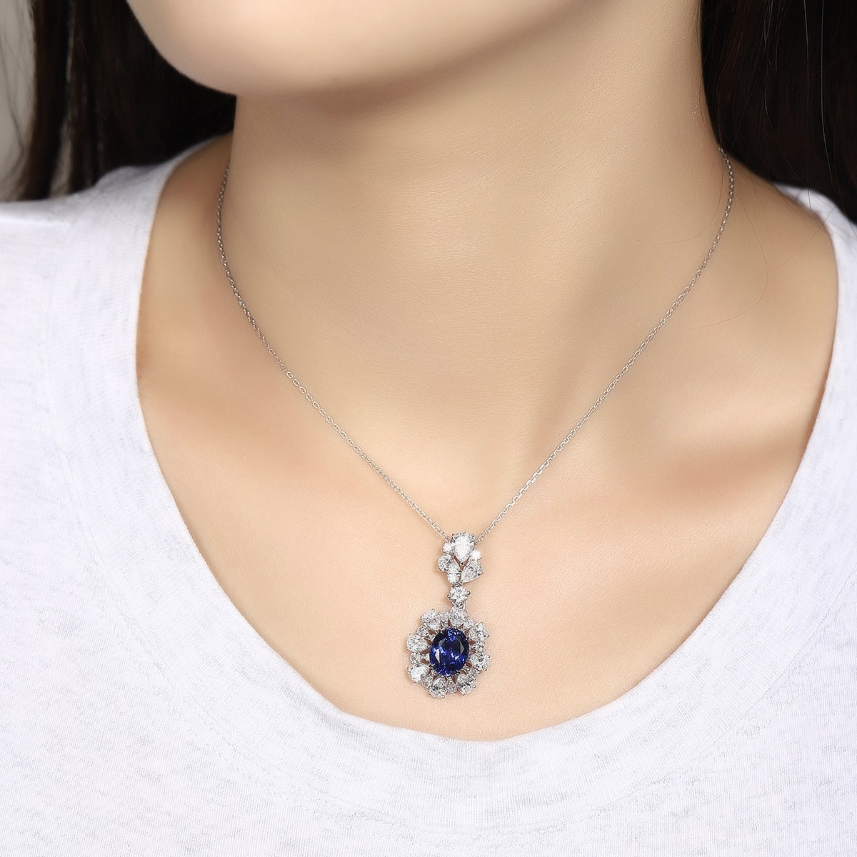 s925 sterling silver lab sapphire/paraiba/ruby & cz diamond necklace