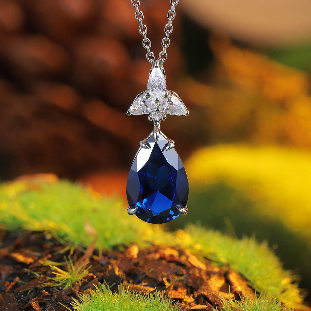 s925 sterling silver lab sapphire/paraiba & cz diamond necklace