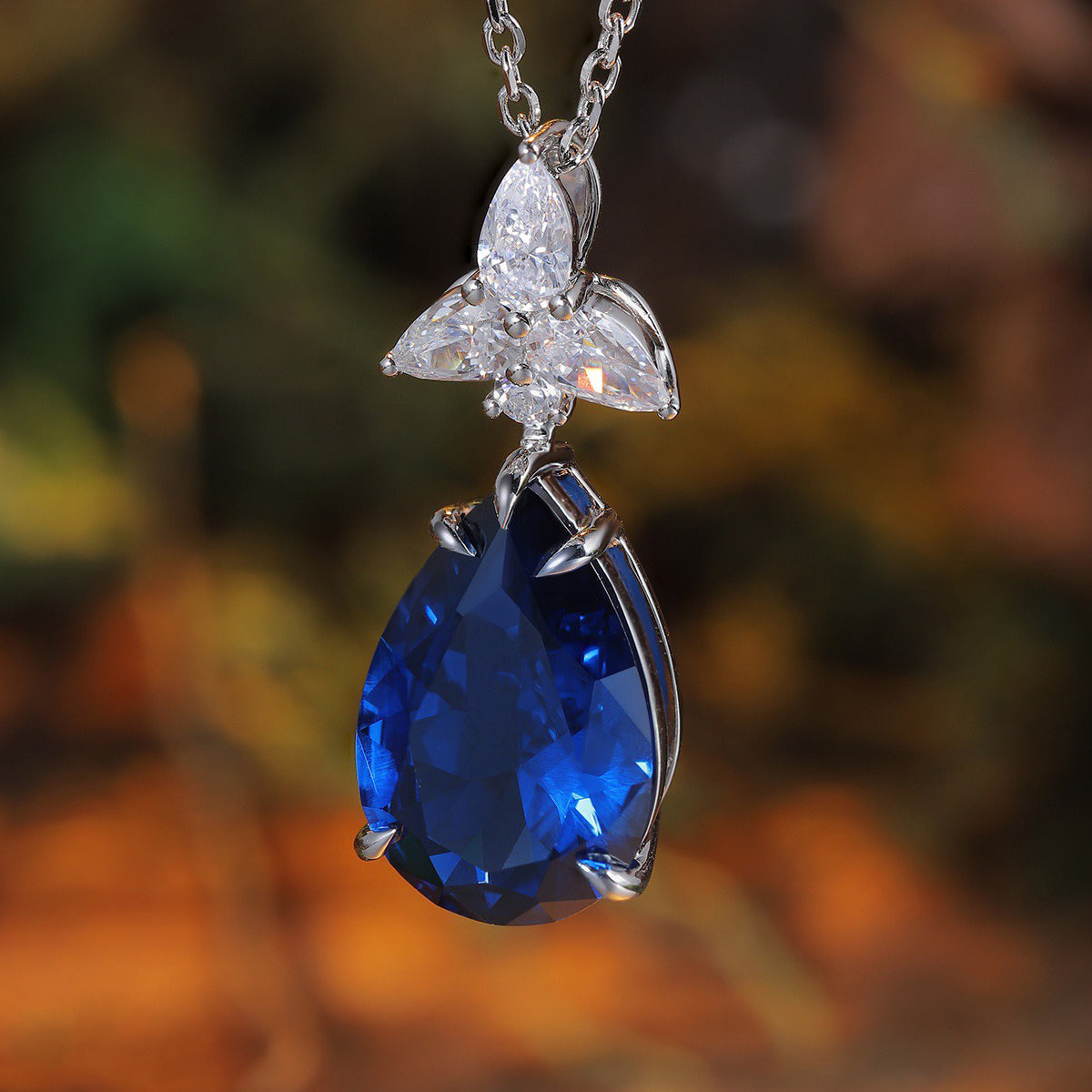 s925 sterling silver lab sapphire/paraiba & cz diamond necklace