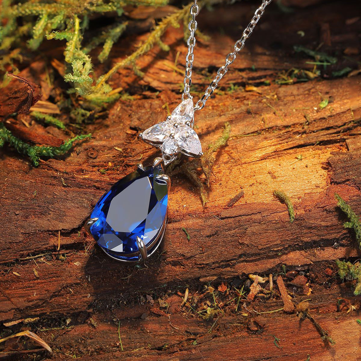 s925 sterling silver lab sapphire/paraiba & cz diamond necklace