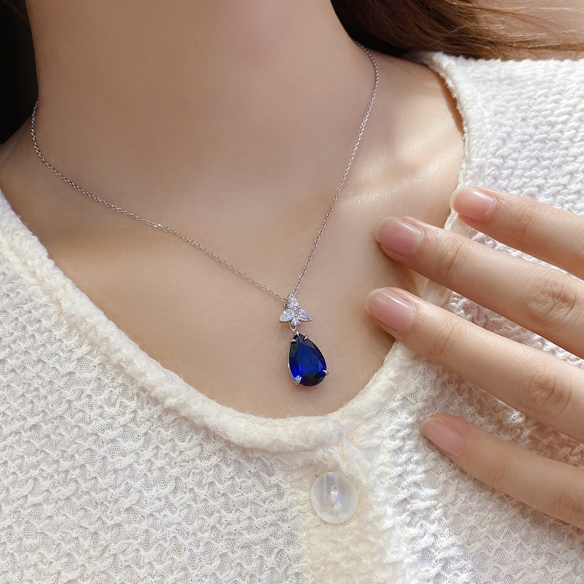 s925 sterling silver lab sapphire/paraiba & cz diamond necklace