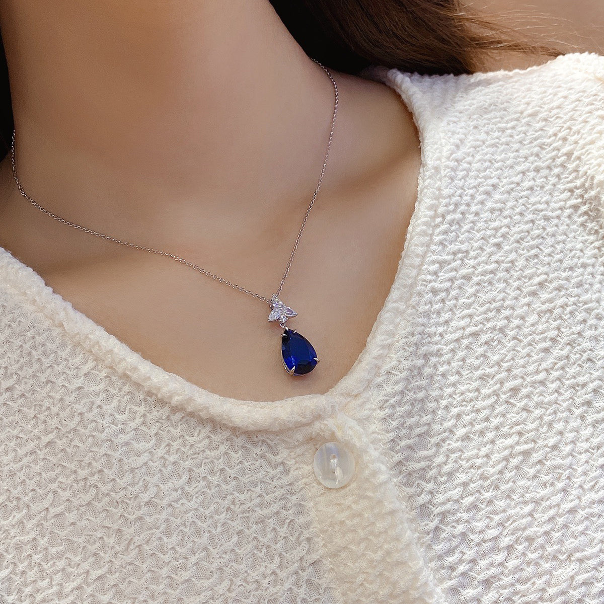 s925 sterling silver lab sapphire/paraiba & cz diamond necklace