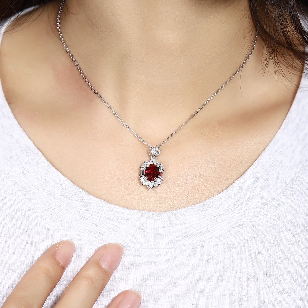 s925 sterling silver lab ruby & cz diamond necklace
