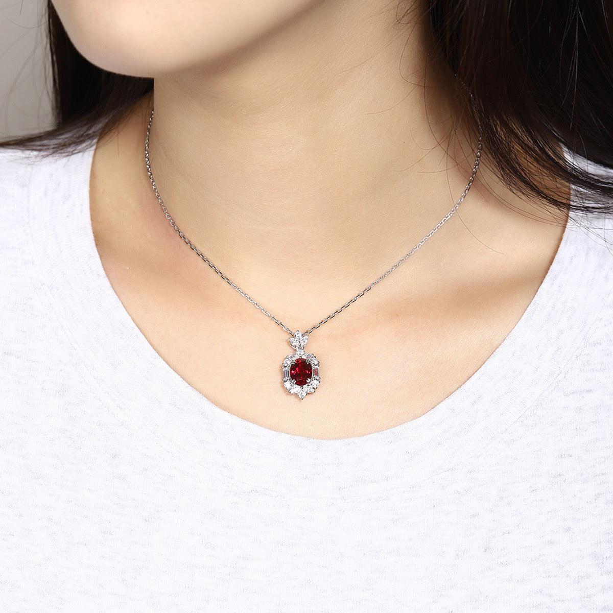 s925 sterling silver lab ruby & cz diamond necklace
