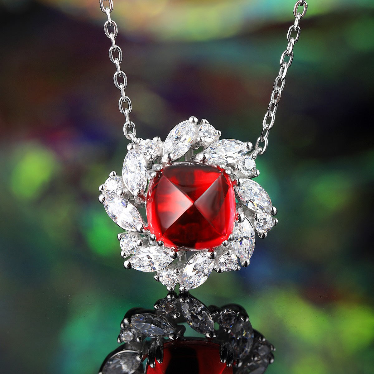 s925 sterling silver lab ruby/emerald/sapphire/paraiba & cz diamond necklace