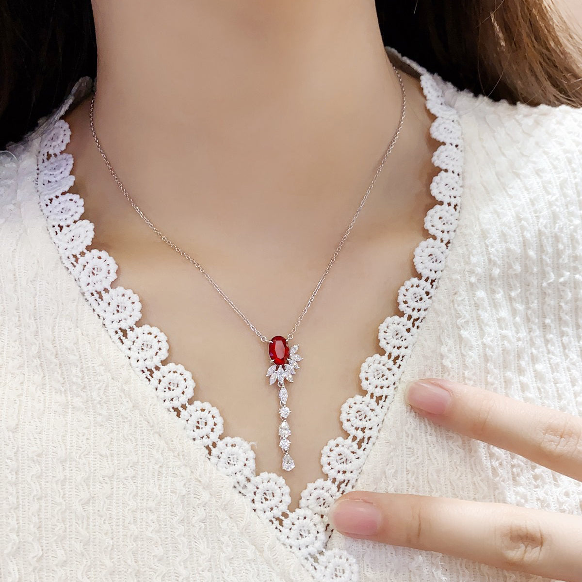 s925 sterling silver lab paraiba/ruby & cz diamond necklace