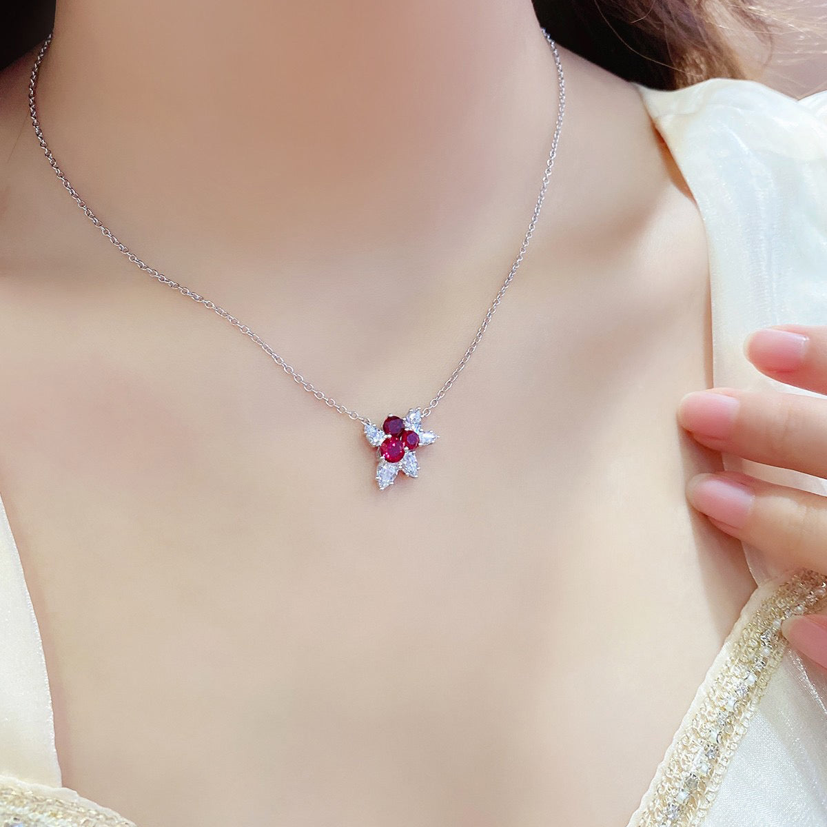 s925 sterling silver lab ruby/emerald/sapphire/paraiba & cz diamond necklace