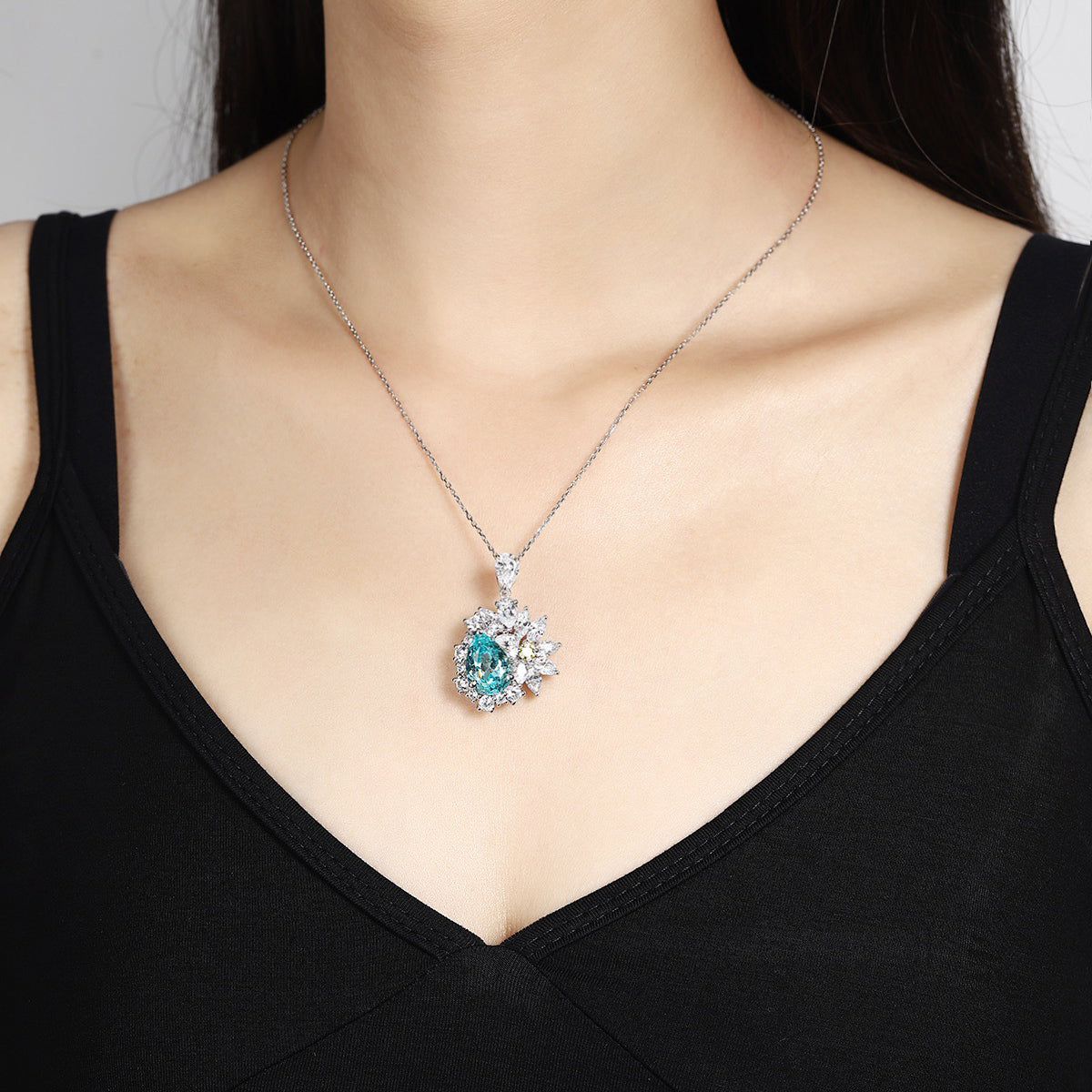 s925 sterling silver lab paraiba & cz diamond necklace