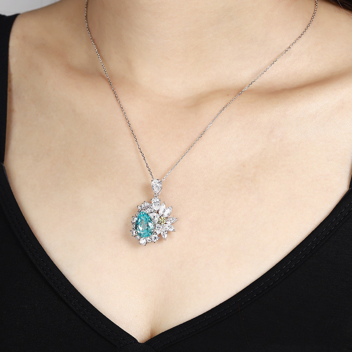 s925 sterling silver lab paraiba & cz diamond necklace