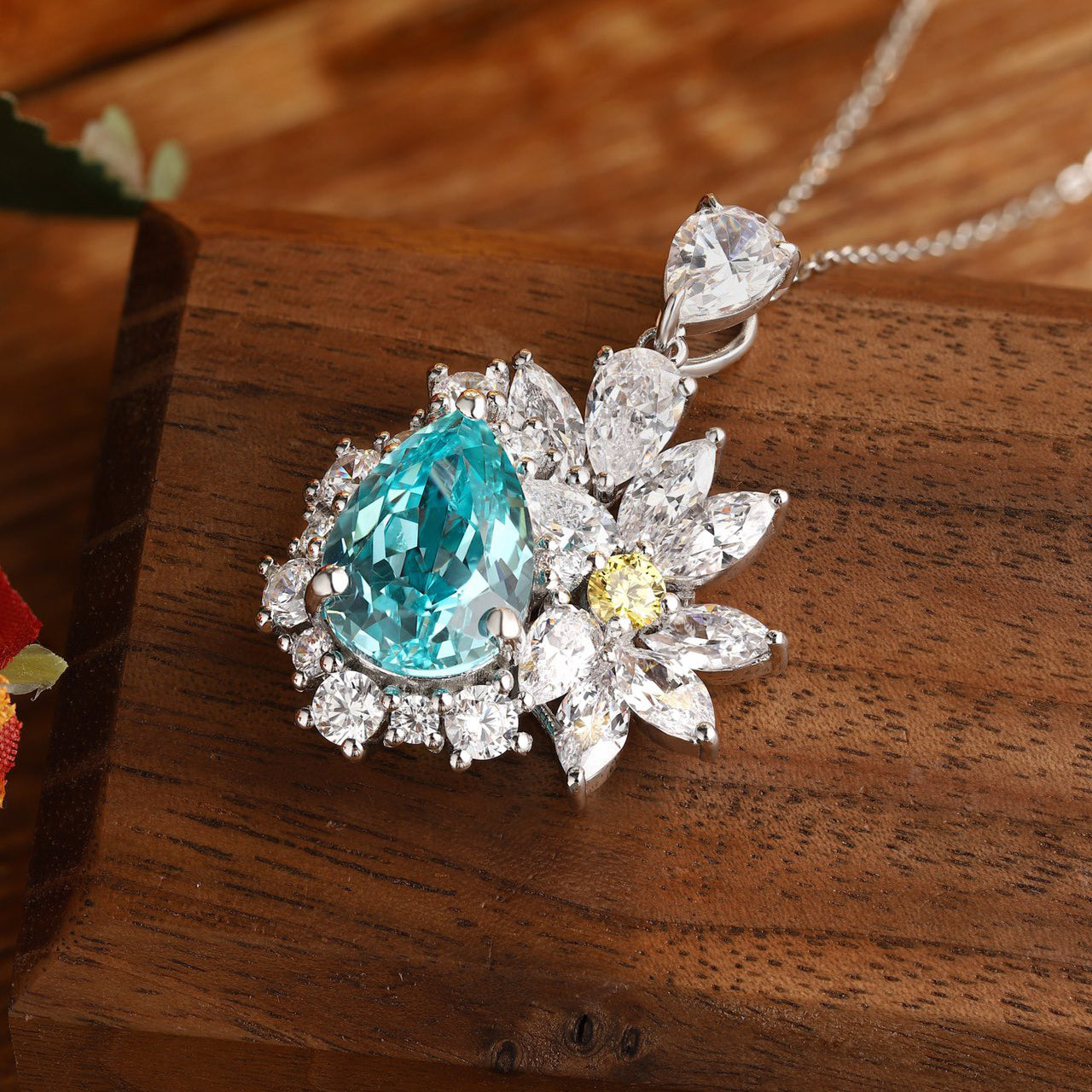 s925 sterling silver lab paraiba & cz diamond necklace