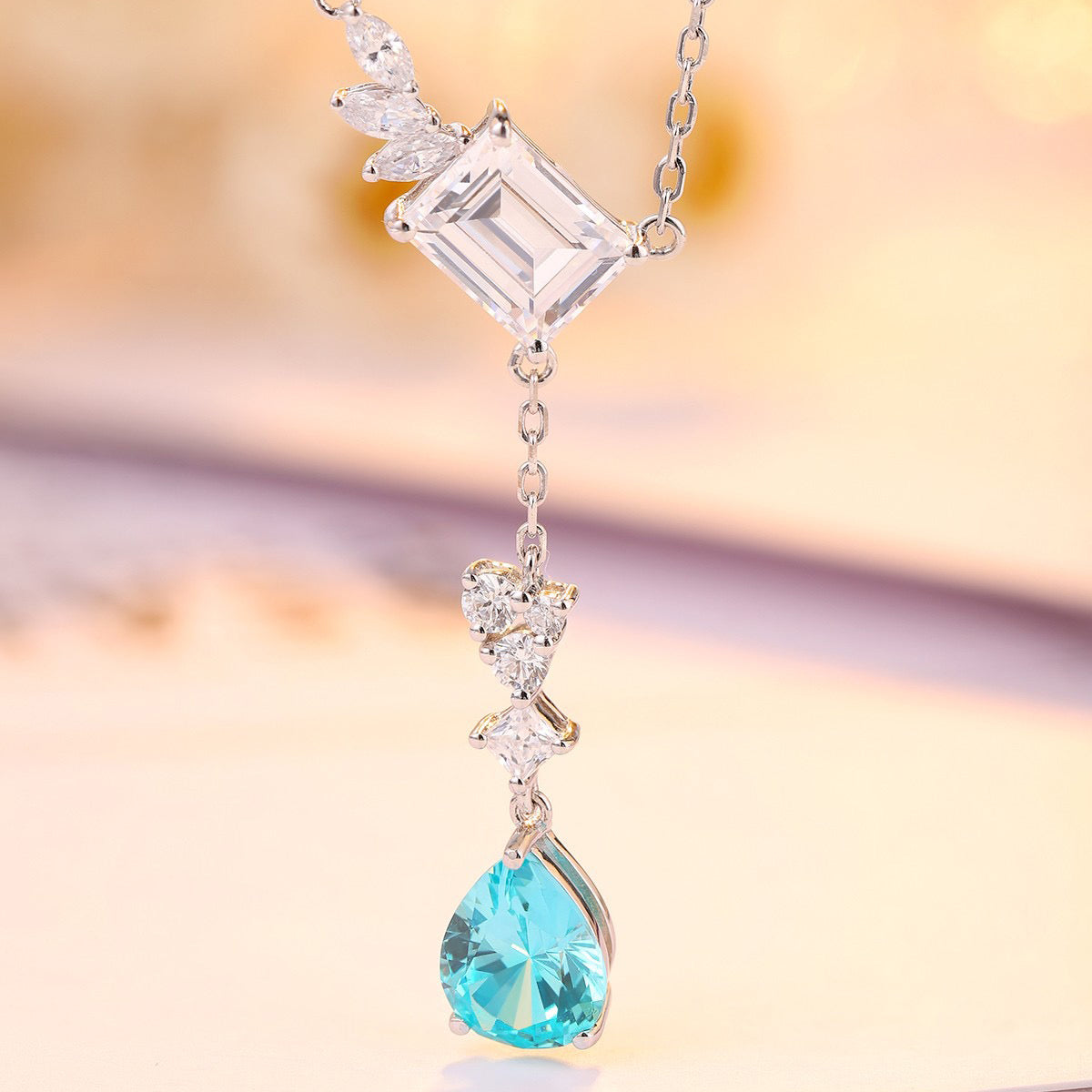 s925 sterling silver lab paraiba & cz diamond necklace