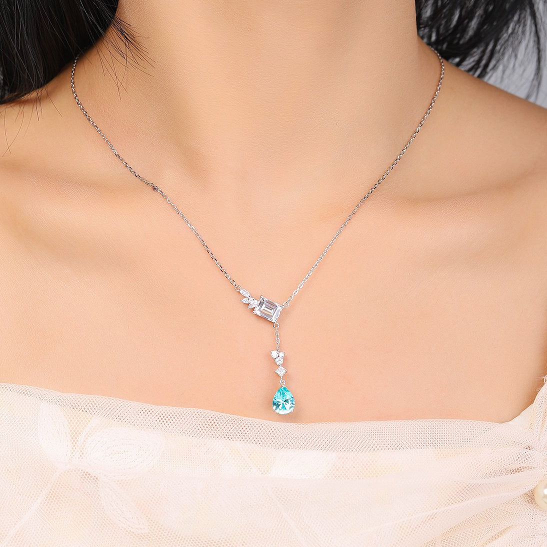 s925 sterling silver lab paraiba & cz diamond necklace