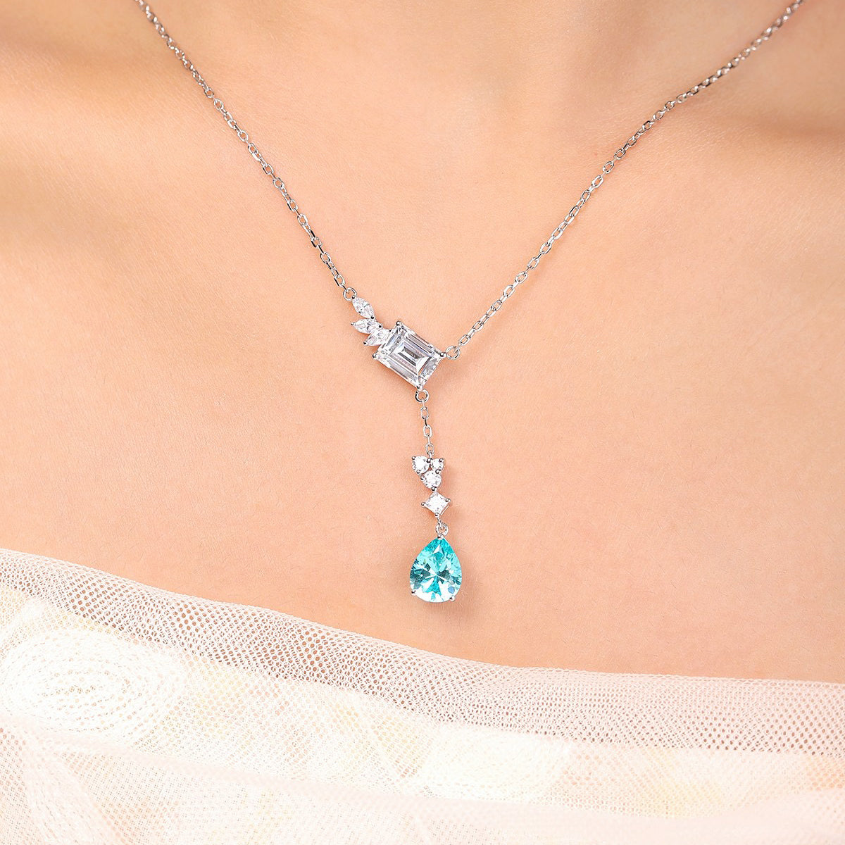 s925 sterling silver lab paraiba & cz diamond necklace