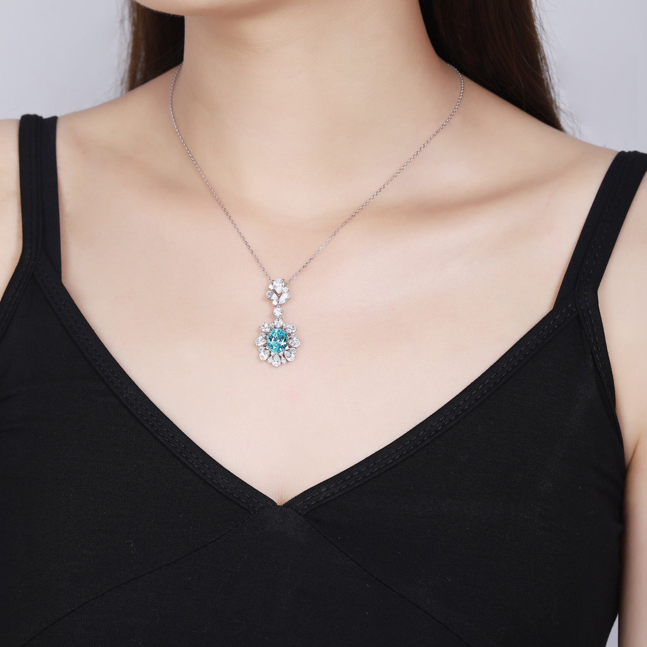 s925 sterling silver lab sapphire/paraiba/ruby & cz diamond necklace